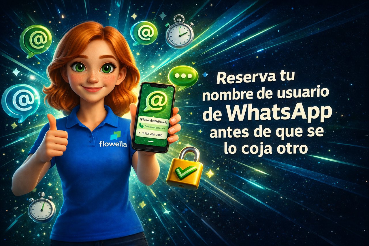 Reserva tu nombre de usuario de WhatsApp Business antes de que se lo coja otro: Flo sostiene un teléfono en el que se ve un nombre de usuario con @