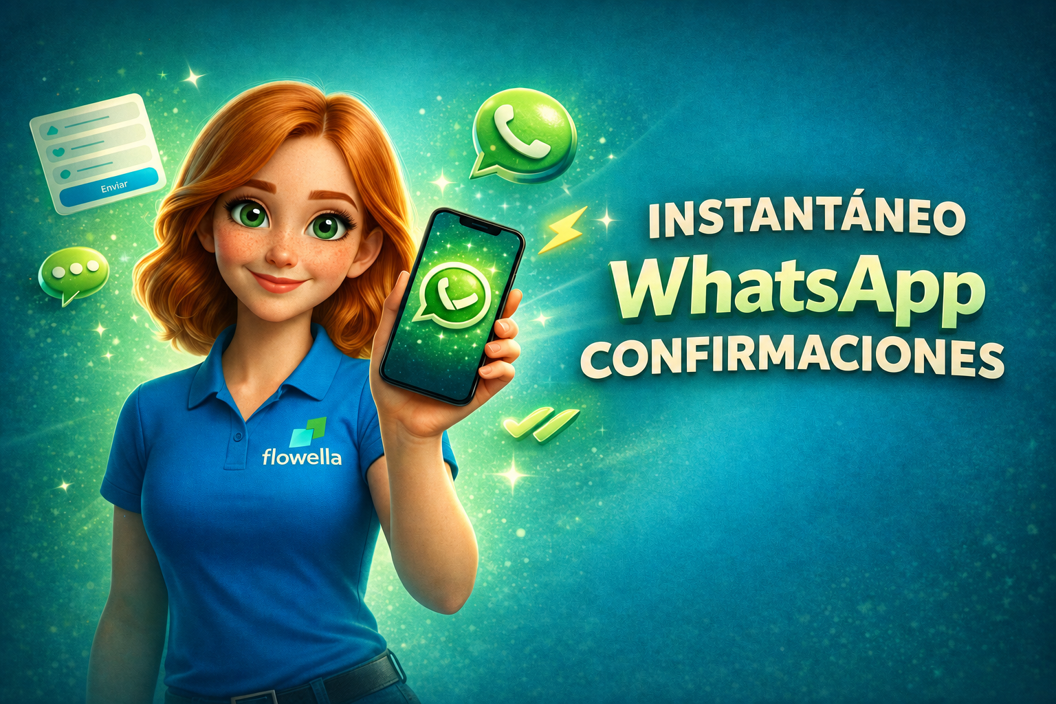 Flo, de Flowella, sostiene un teléfono en el que se ve una confirmación instantánea de HubSpot enviada a través de WhatsApp tras el envío de un formulario.