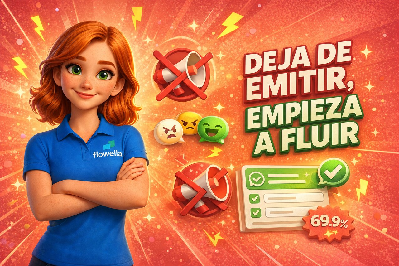 El personaje Flo con los brazos cruzados junto al texto «Stop Broadcasting Start Flowing» sobre un fondo de color coral con un megáfono tachado y elementos del formulario de WhatsApp Flow.