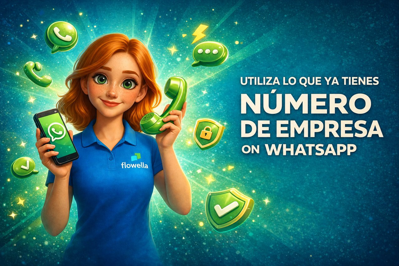 Flo, el personaje de Flowella, sostiene con una mano un smartphone en el que se ve una conversación de WhatsApp y, con la otra, un auricular de teléfono retro, junto a las palabras «Utiliza tu número de empresa actual en WhatsApp».