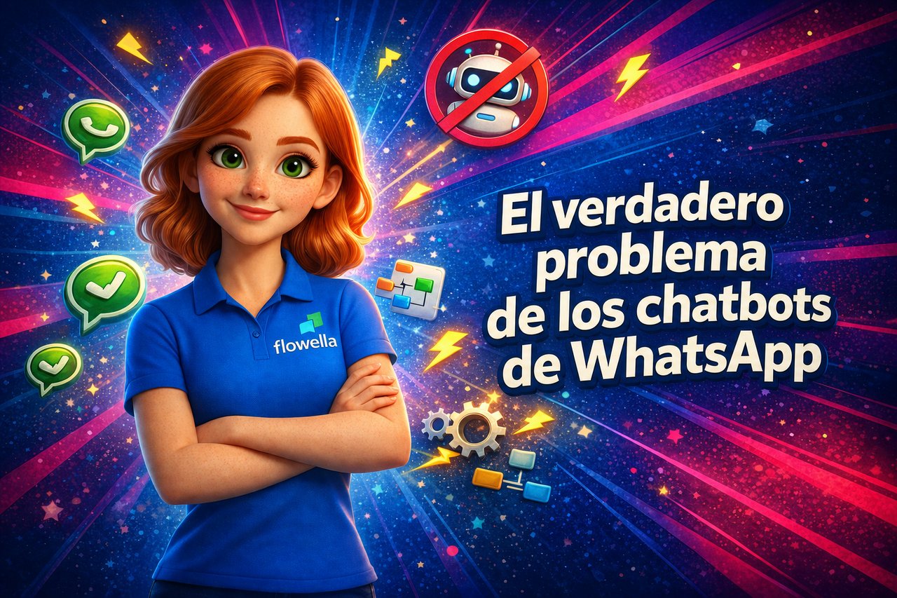 Flo, la mascota de Flowella, de pie con confianza y los brazos cruzados junto al título «El verdadero problema de los chatbots de WhatsApp», con iconos de chatbot y WhatsApp flotando a su alrededor