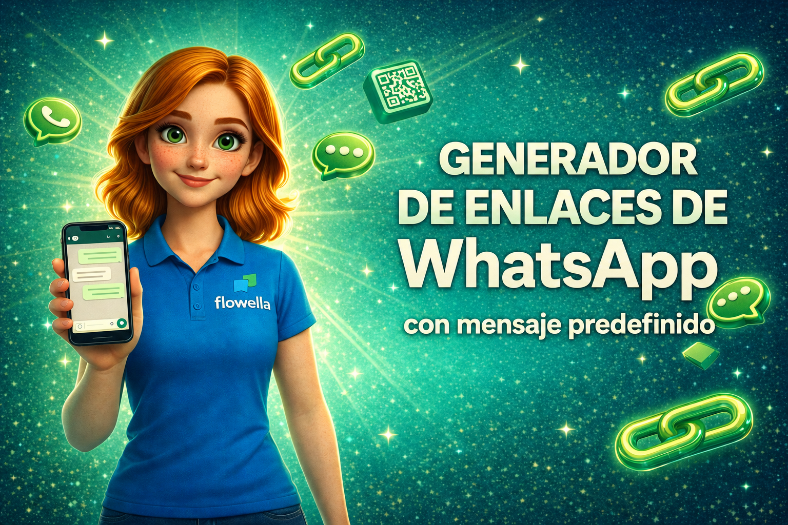 Banner principal del generador de enlaces de WhatsApp de Flowella, en el que aparece Flo sosteniendo un teléfono en el que se ve un mensaje de WhatsApp ya rellenado