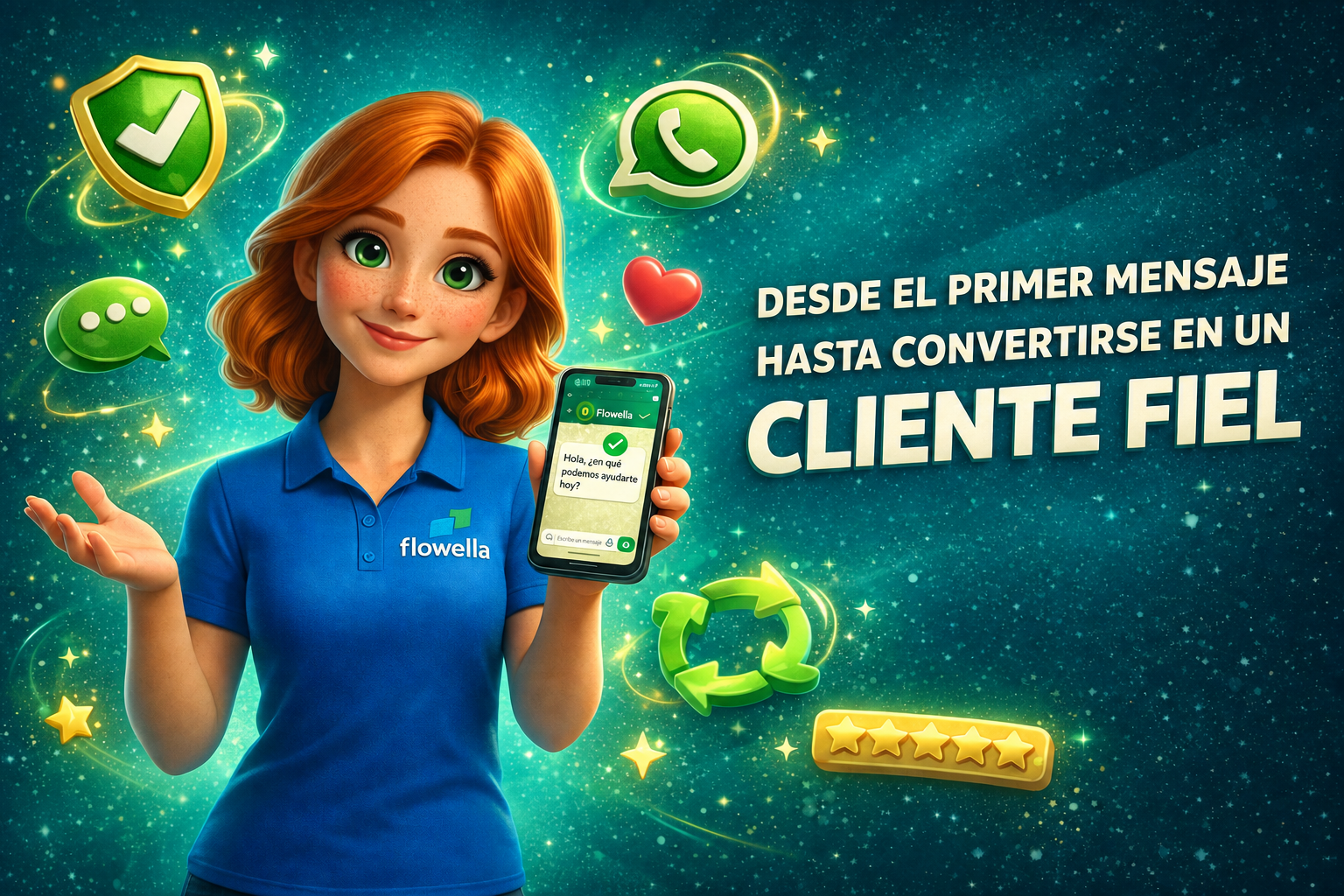 Flo, la mascota de Flowella, sostiene un teléfono que muestra un chat de WhatsApp con una marca verificada, rodeado de un escudo de confianza, un icono de WhatsApp, un bucle de fidelidad y una calificación de cinco estrellas, con el titular "Del primer mensaje al cliente fiel" sobre un fondo verde azulado.