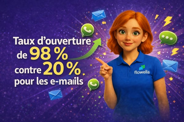 Enveloppes d’e-mails stylisées se superposant à une bulle de discussion WhatsApp — illustration comparant l’engagement par e-mail et par messagerie instantanée