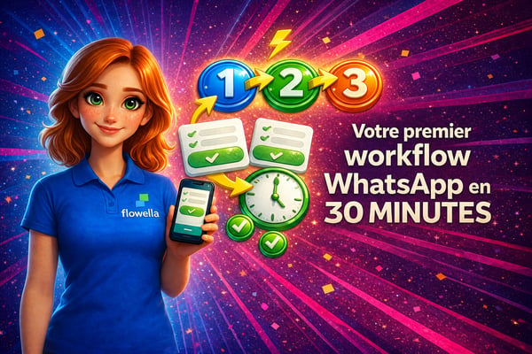 Flo, la mascotte de Flowella, tenant un téléphone sur lequel s'affiche un formulaire WhatsApp Flow, avec trois icônes numérotées représentant les étapes du flux de travail reliées par des flèches, un minuteur de 30 minutes, des fiches de formulaire et des coches vertes, le tout sur un fond aux couleurs vives présentant un dégradé allant du bleu au rose