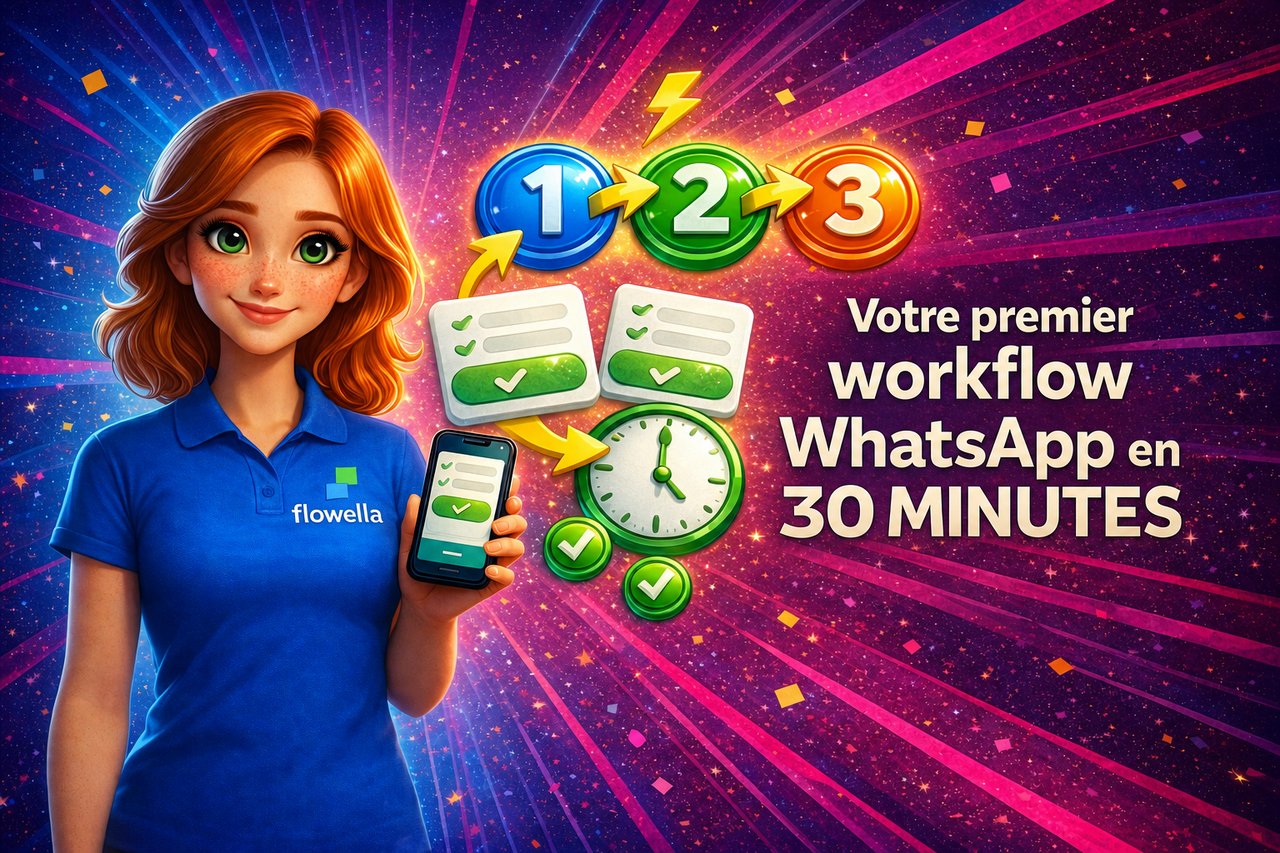 Flo, la mascotte de Flowella, tenant un téléphone sur lequel s'affiche un formulaire WhatsApp Flow, avec trois icônes numérotées représentant les étapes du flux de travail reliées par des flèches, un minuteur de 30 minutes, des fiches de formulaire et des coches vertes, le tout sur un fond aux couleurs vives présentant un dégradé allant du bleu au rose