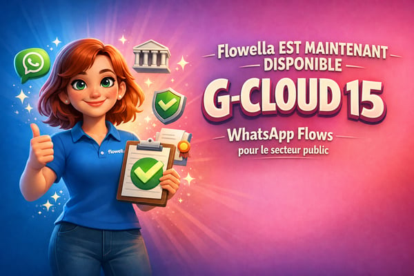Flo, la mascotte de Flowella, lève le pouce et tient un bloc-notes sur lequel figure une coche verte à côté de la mention « Flowella est désormais disponible sur G-Cloud 15, WhatsApp Flows pour le secteur public ».