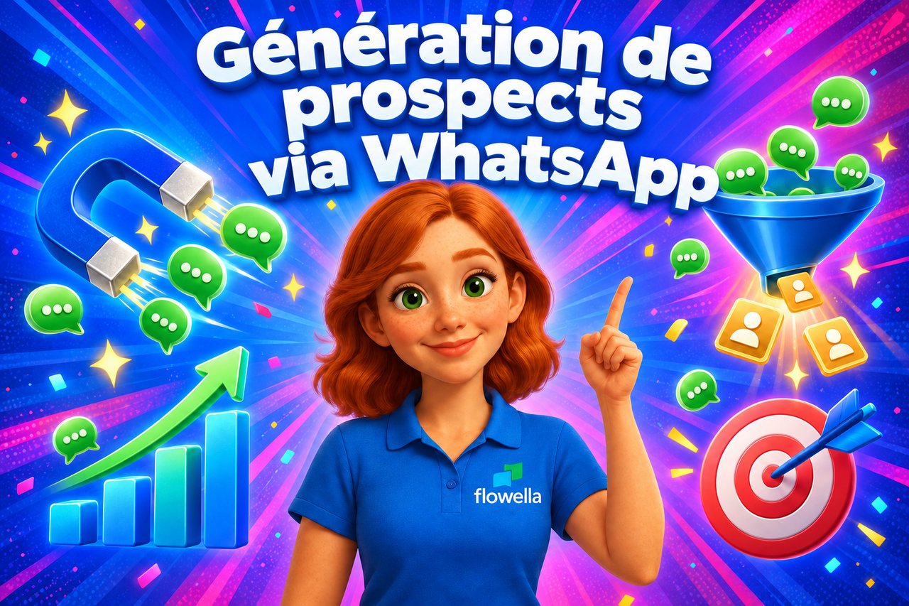 Flo, de Flowella, pointant du doigt le titre « WhatsApp Lead Generation », entouré d’un aimant, d’un entonnoir et de bulles de discussion se transformant en prospects