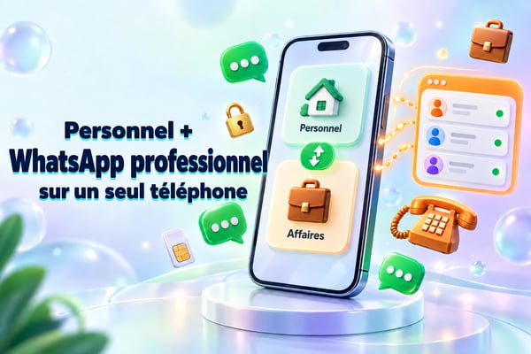 WhatsApp personnel et professionnel sur le même téléphone : un smartphone permettant de basculer entre les comptes personnel et professionnel, avec une boîte de réception commune pour l'équipe