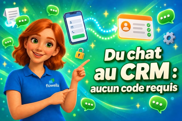Flo, de Flowella, montre du doigt le titre « Du chat au CRM », avec un formulaire WhatsApp Flow synchronisé avec une fiche de contact HubSpot