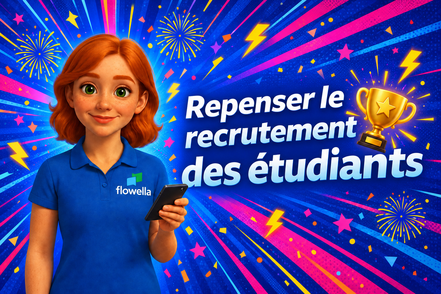 Flo, de Flowella, tenant un téléphone à côté du titre « Réinventer le recrutement des étudiants » et d’un trophée doré, rendant hommage à WhatsApp pour son rôle dans le recrutement universitaire