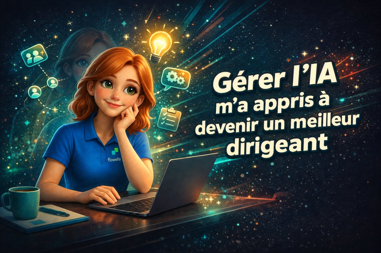 Gérer l’IA m’a appris à devenir un meilleur dirigeant – Personnage « Flo » assis à un bureau avec un ordinateur portable et des icônes symbolisant le leadership