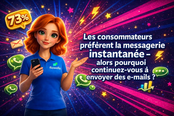 Flo, la mascotte de Flowella, tenant un smartphone et faisant un geste vers le titre « Les consommateurs préfèrent la messagerie, alors pourquoi continuez-vous à envoyer des e-mails ? », avec une bulle de dialogue jaune indiquant « 73 % », des icônes WhatsApp et des enveloppes d’e-mail flottant sur un fond aux dégradés vifs allant du bleu au rose