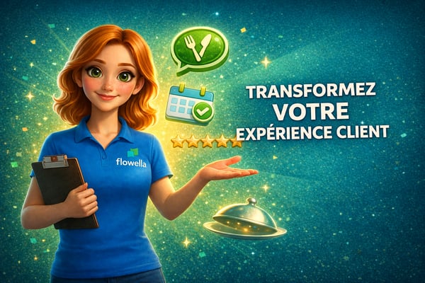 Flo, la mascotte de Flowella, tenant un bloc-notes et désignant du doigt le titre « Transformez votre expérience client », avec des icônes représentant un restaurant et un WhatsApp Flow flottant autour d’elle sur un fond bleu sarcelle scintillant
