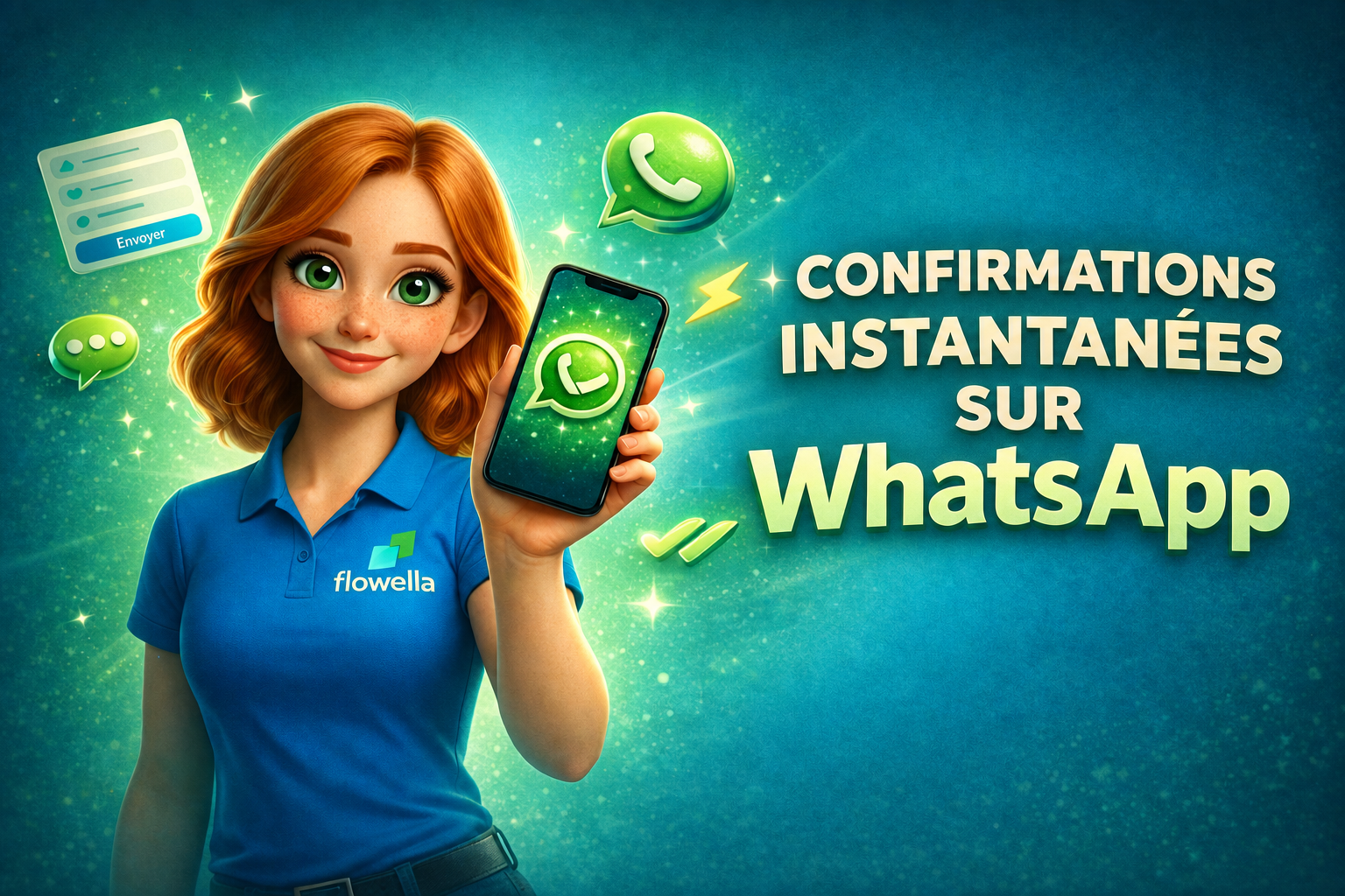 Flo, de Flowella, tient un téléphone sur lequel s'affiche une confirmation instantanée envoyée par HubSpot via WhatsApp après l'envoi d'un formulaire