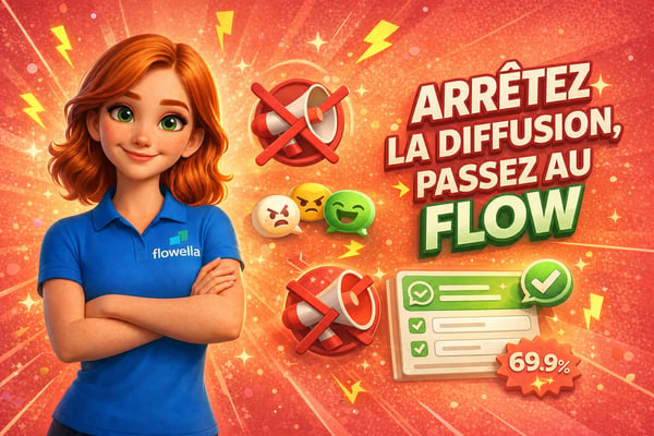 Personnage « Flo » les bras croisés à côté du texte « Stop Broadcasting Start Flowing » sur un fond corail, avec un mégaphone barré et des éléments du formulaire WhatsApp Flow