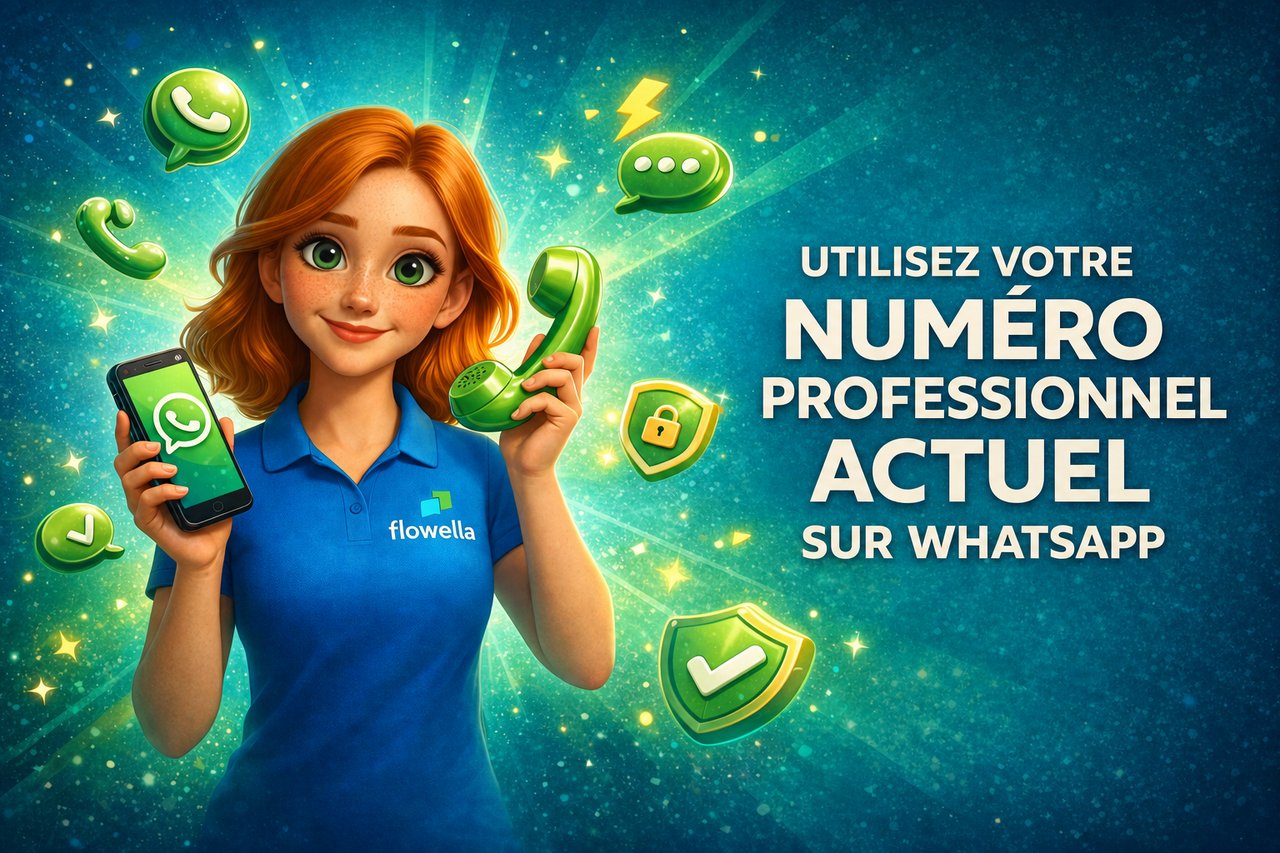 Flo, le personnage de Flowella, tient d'une main un smartphone affichant une conversation WhatsApp et de l'autre un combiné téléphonique rétro, à côté de la mention « Utilisez votre numéro professionnel actuel sur WhatsApp ».