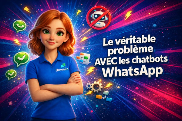 Flo, la mascotte de Flowella, se tient fièrement, les bras croisés, à côté du titre « Le vrai problème des chatbots WhatsApp », avec des icônes de chatbot et de WhatsApp flottant autour d’elle