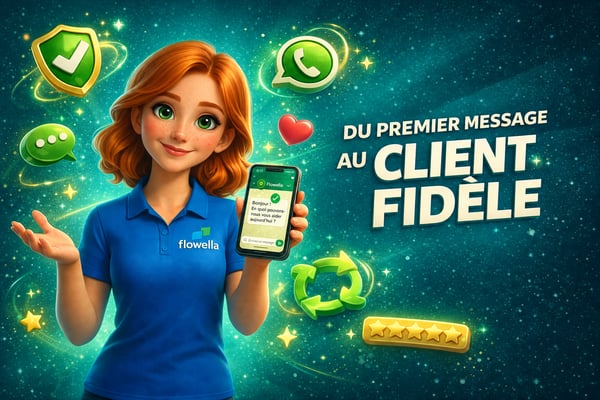 Flo, la mascotte de Flowella, tenant un téléphone sur lequel s'affiche une conversation WhatsApp marquée d'une coche de vérification, entourée d'un bouclier de confiance, de l'icône WhatsApp, d'une boucle de fidélité et d'une note de cinq étoiles, avec le titre « Du premier message au client fidèle » sur un fond bleu sarcelle