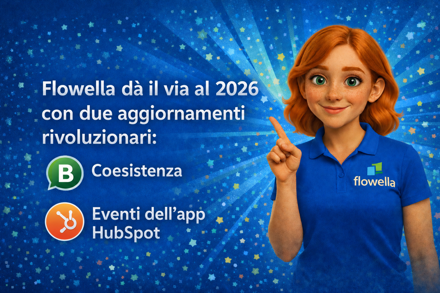 Grafica del marchio Flowella 2026 con flusso di lavoro da WhatsApp Flow a CRM