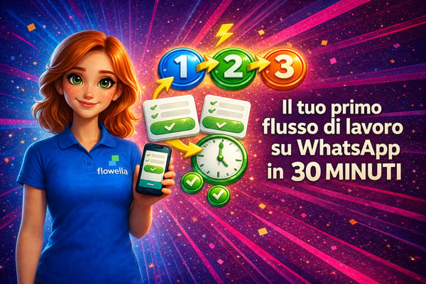 Flo, la mascotte di Flowella, con in mano un telefono su cui è visualizzato un modulo WhatsApp Flow, con tre icone numerate che rappresentano le fasi del flusso di lavoro collegate da frecce, un orologio che segna 30 minuti, schede del modulo e segni di spunta verdi su uno sfondo dai vivaci colori che sfumano dal blu al rosa