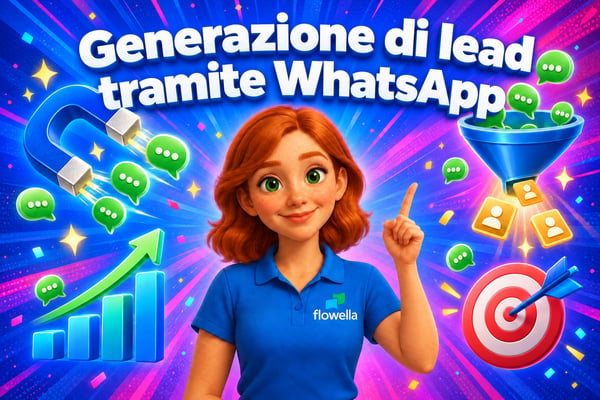 Flo di Flowella indica il titolo “WhatsApp Lead Generation”, circondata da una calamita, un imbuto e bolle di chat che si trasformano in lead