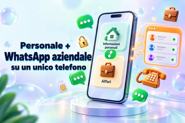 WhatsApp personale e aziendale sullo stesso telefono: uno smartphone che passa dall’account personale a quello aziendale accanto a una casella di posta condivisa del team