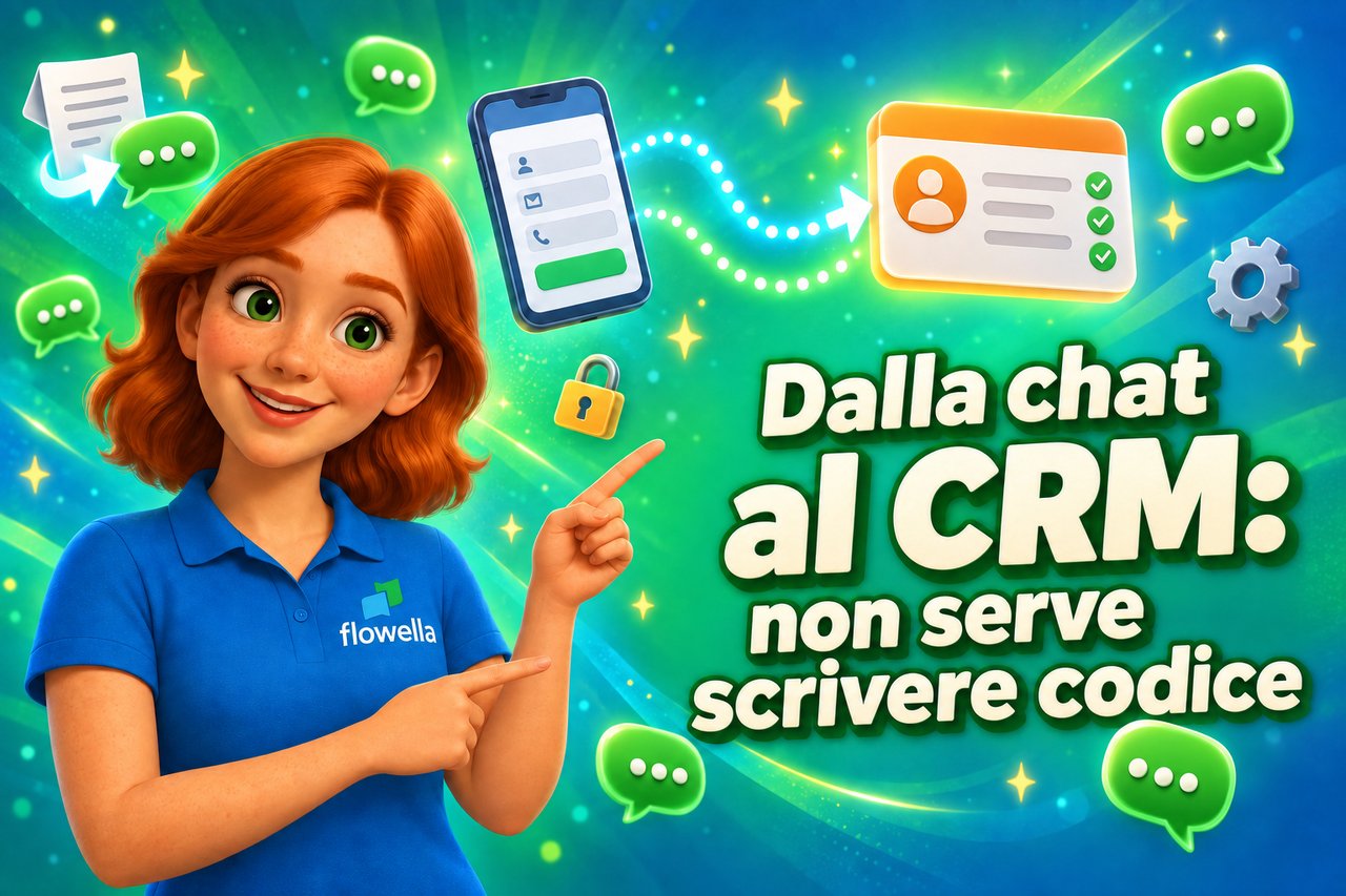 Flo di Flowella indica il titolo “Dalla chat al CRM”, con un modulo “WhatsApp Flow” sincronizzato con una scheda contatto di HubSpot