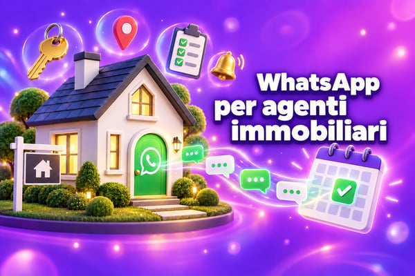 WhatsApp per agenti immobiliari: una casa in 3D con una “porta” nella chat di WhatsApp che invia messaggi a un calendario delle visite prenotate