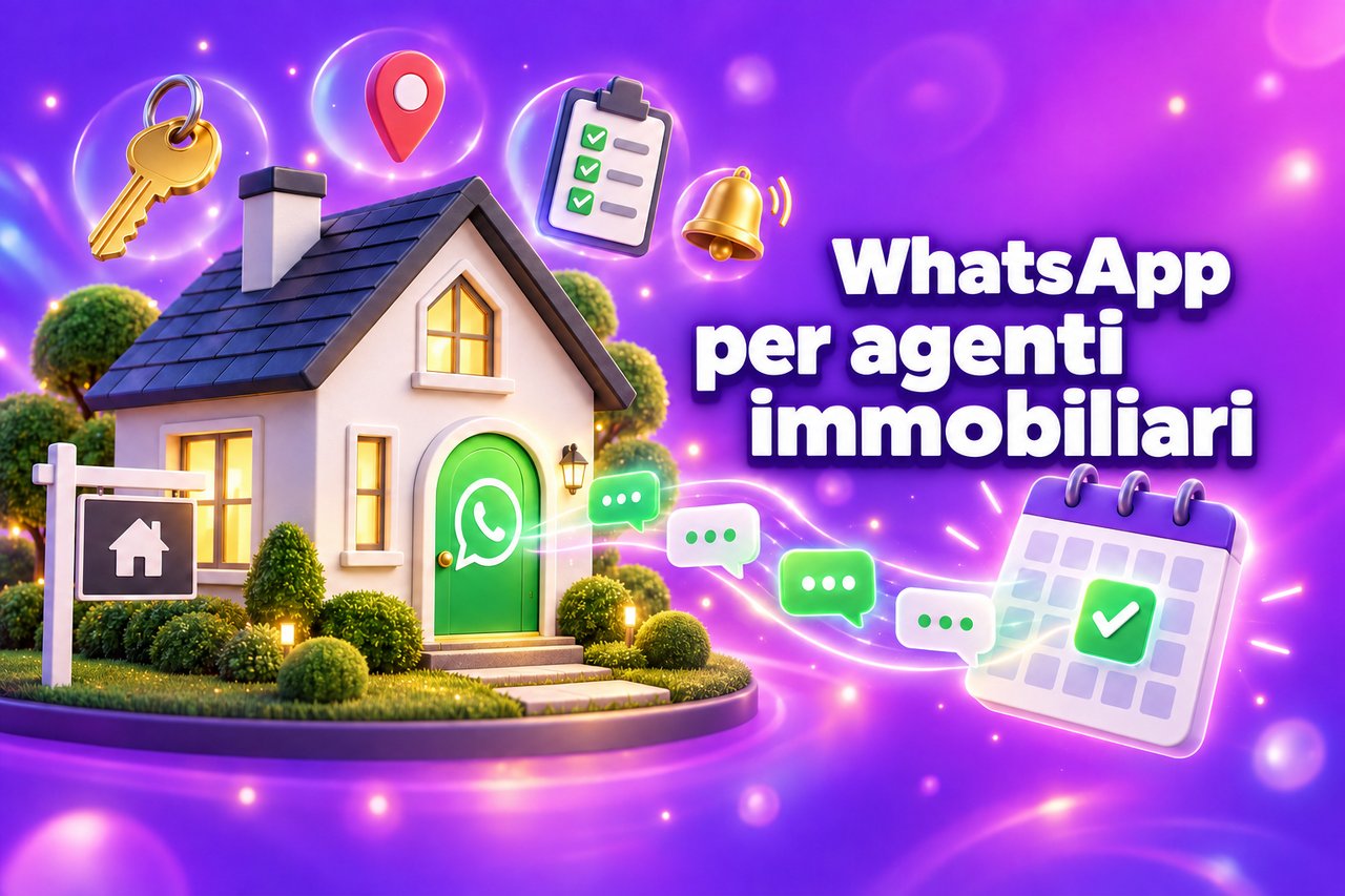 WhatsApp per agenti immobiliari: una casa in 3D con una “porta” nella chat di WhatsApp che invia messaggi a un calendario delle visite prenotate