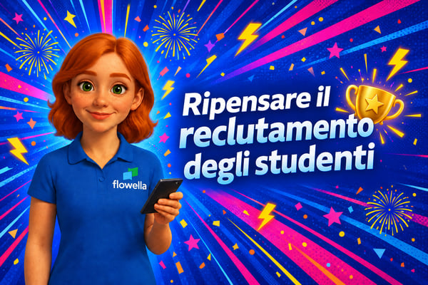 Flo di Flowella con un telefono in mano accanto al titolo “Re-Imagining Student Recruitment” e un trofeo d’oro, per celebrare l’uso di WhatsApp nel reclutamento universitario
