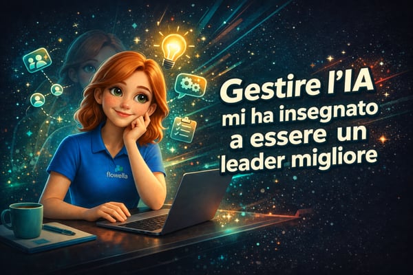 Gestire l’IA mi ha insegnato a essere un leader migliore – personaggio Flo alla scrivania con laptop e icone relative alla leadership