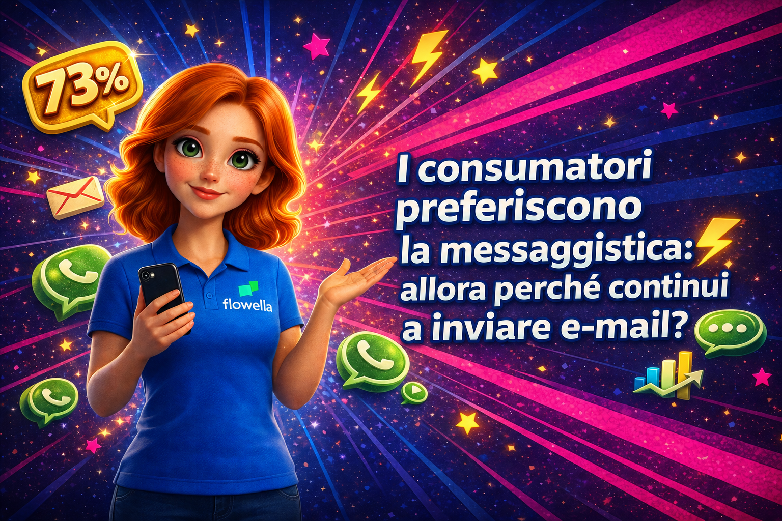 Flo, la mascotte di Flowella, tiene in mano uno smartphone e gesticola verso il titolo Consumers Prefer Messaging So Why Are You Still Sending Emails (I consumatori preferiscono la messaggistica, quindi perché state ancora inviando e-mail), con una bolla gialla del 73%, icone di WhatsApp e buste di e-mail che fluttuano su un vivace sfondo blu-rosa sfumato.
