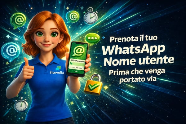 Prenota il tuo nome utente WhatsApp Business prima che venga preso da qualcun altro: Flo con in mano un telefono su cui è visibile un nome utente @
