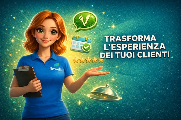 Flo, la mascotte di Flowella, con in mano un blocco per appunti e mentre indica il titolo “Trasforma la tua esperienza cliente”, con icone di un ristorante e di un WhatsApp Flow che fluttuano intorno a lei su uno sfondo verde acqua scintillante