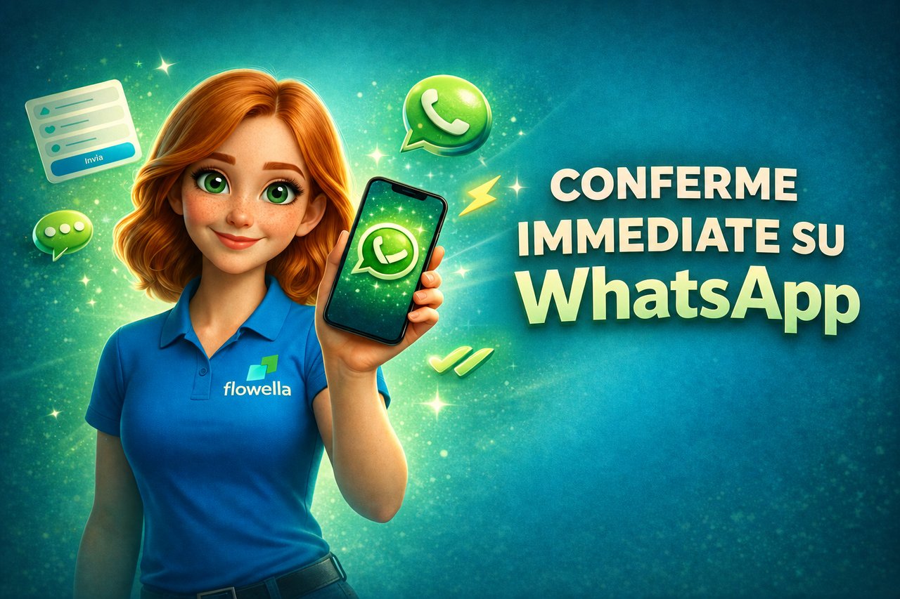 Flo di Flowella con in mano un telefono su cui è visibile una notifica istantanea di conferma inviata da HubSpot tramite WhatsApp dopo l'invio di un modulo