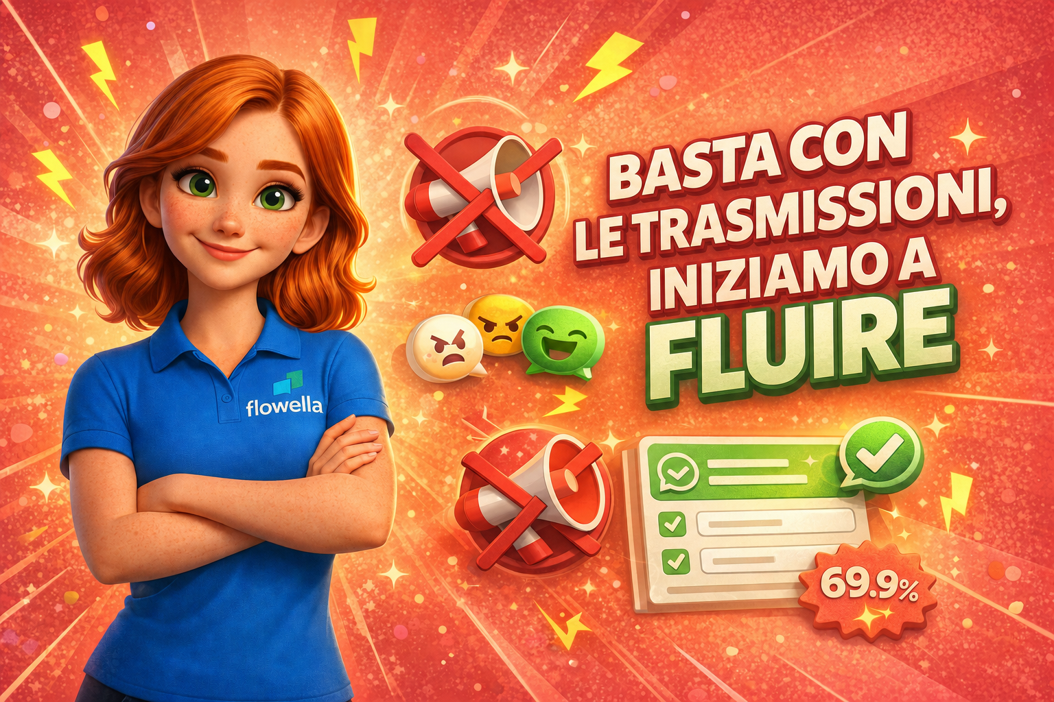 Personaggio Flo con braccia incrociate accanto al testo Stop Broadcasting Start Flow su sfondo corallo con megafono barrato ed elementi del modulo WhatsApp Flow