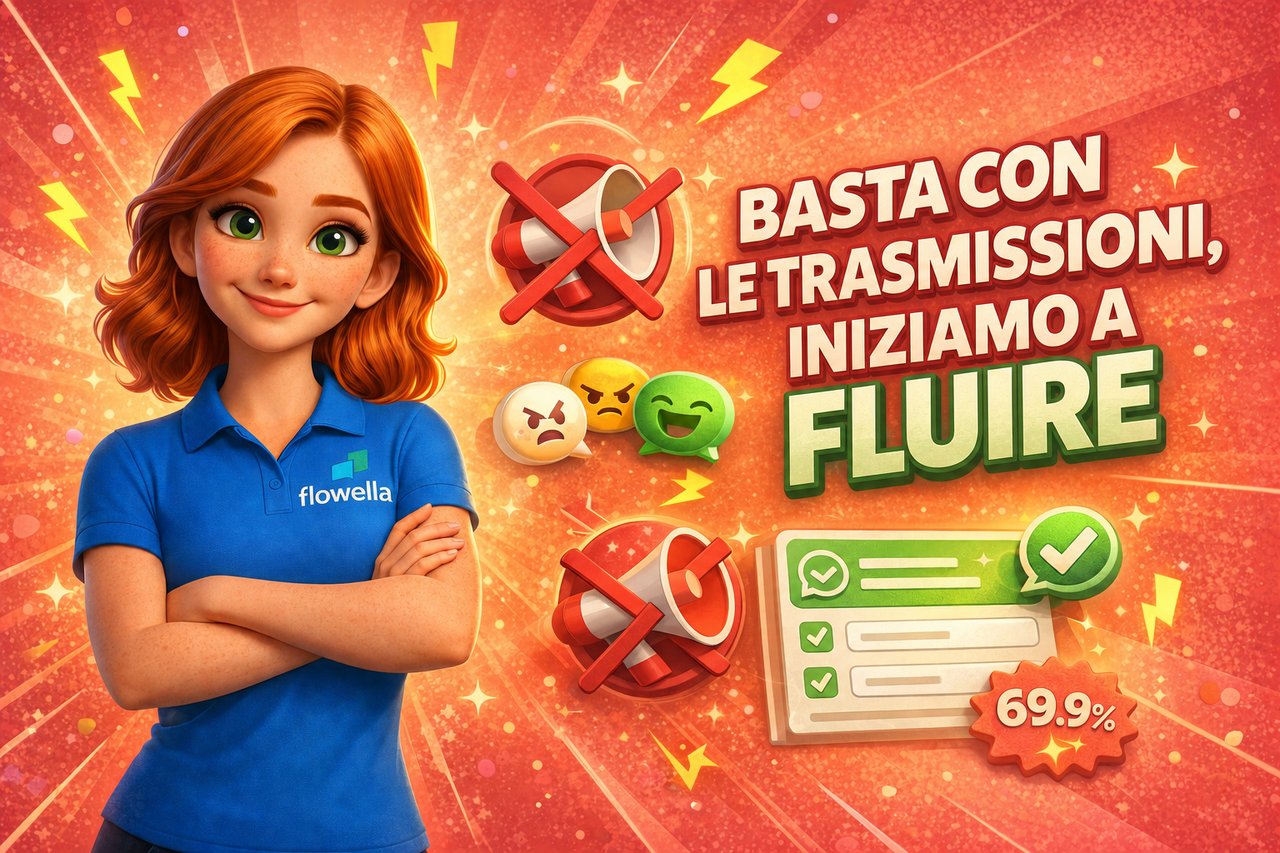 Il personaggio Flo con le braccia incrociate accanto al testo «Stop Broadcasting Start Flowing» su sfondo color corallo con un megafono barrato ed elementi del modulo WhatsApp Flow