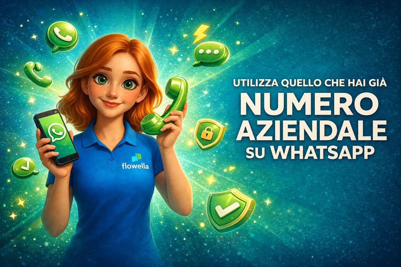Flo, il personaggio di Flowella, tiene in una mano uno smartphone su cui è visualizzata una chat di WhatsApp e nell’altra una cornetta telefonica vintage, accanto alla scritta “Usa il tuo numero aziendale già esistente su WhatsApp”