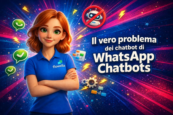 Flo, la mascotte di Flowella, in piedi con aria sicura e le braccia incrociate accanto al titolo «Il vero problema dei chatbot di WhatsApp», con icone di chatbot e WhatsApp che le fluttuano intorno