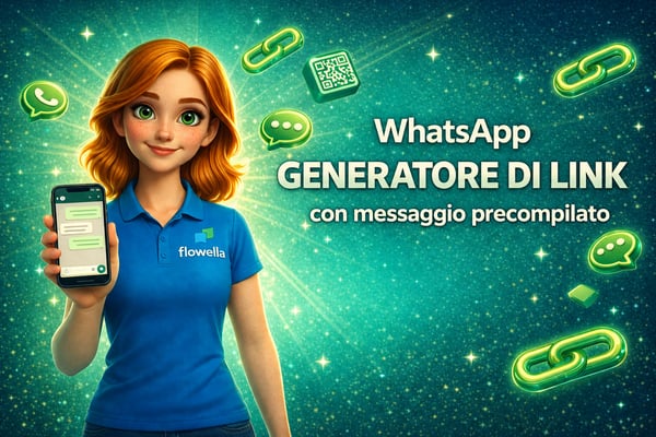 Banner principale del generatore di link WhatsApp di Flowella con Flo che tiene in mano un telefono su cui è visualizzato un messaggio WhatsApp già compilato