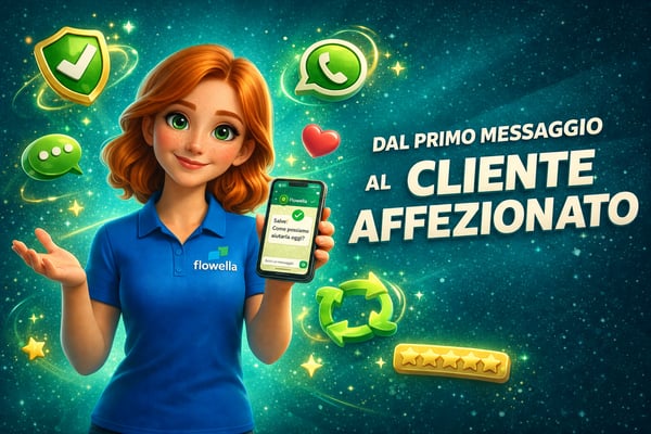 Flo, la mascotte di Flowella, con in mano un telefono su cui è visibile una chat di WhatsApp contrassegnata dal segno di verifica, circondata da uno scudo di affidabilità, dall'icona di WhatsApp, dal simbolo della fedeltà e da una valutazione a cinque stelle, con il titolo "Dal primo messaggio al cliente fedele" su uno sfondo verde acqua