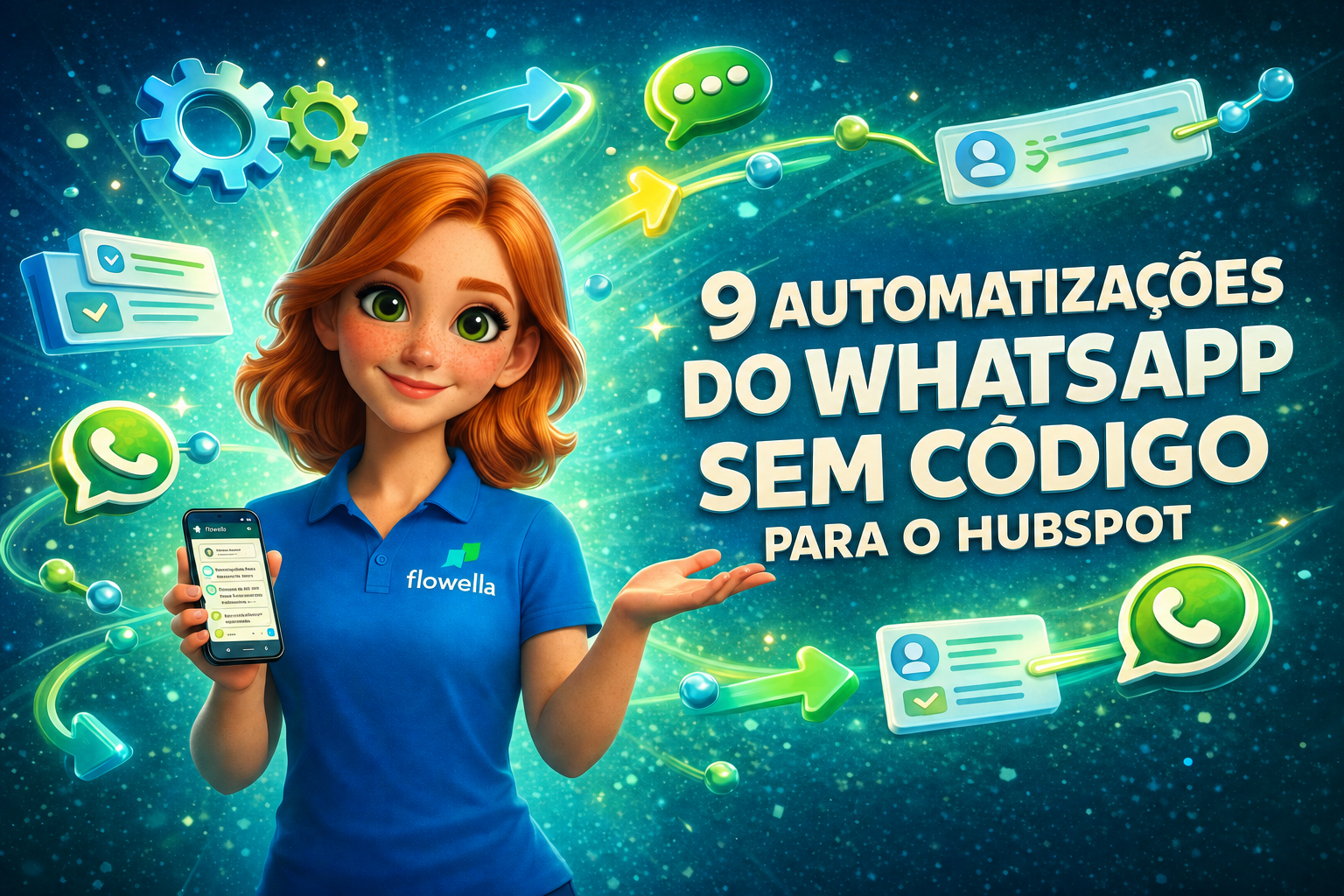 Flo, a mascote da Flowella, a segurar um telemóvel com uma conversa no WhatsApp, rodeada por engrenagens em 3D, setas de fluxo de trabalho e cartões de CRM, ao lado do título «9 automatizações do WhatsApp sem código para o HubSpot»