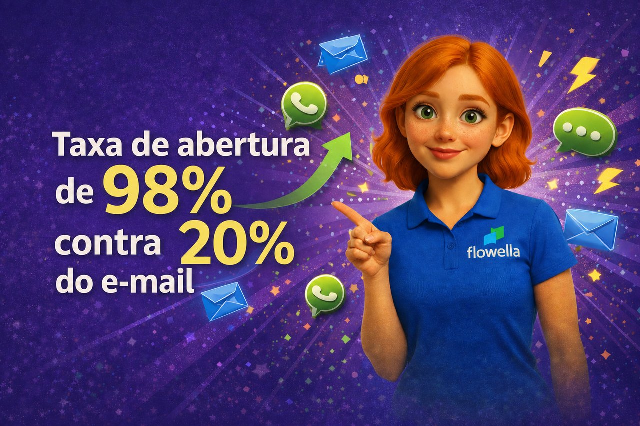 Envelopes de e-mail estilizados sobrepostos a um balão de conversa do WhatsApp — ilustração do envolvimento por e-mail versus mensagens