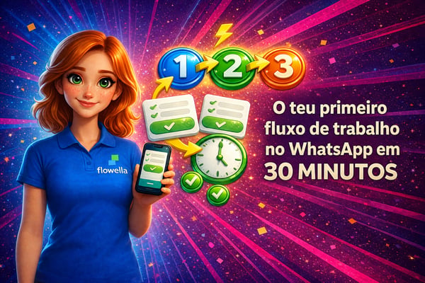 Flo, a mascote da Flowella, a segurar um telemóvel que mostra um formulário do WhatsApp Flow, com três ícones numerados representando etapas do fluxo de trabalho ligados por setas, um relógio de 30 minutos, cartões do formulário e marcas de verificação verdes num fundo com um gradiente vibrante de azul a rosa