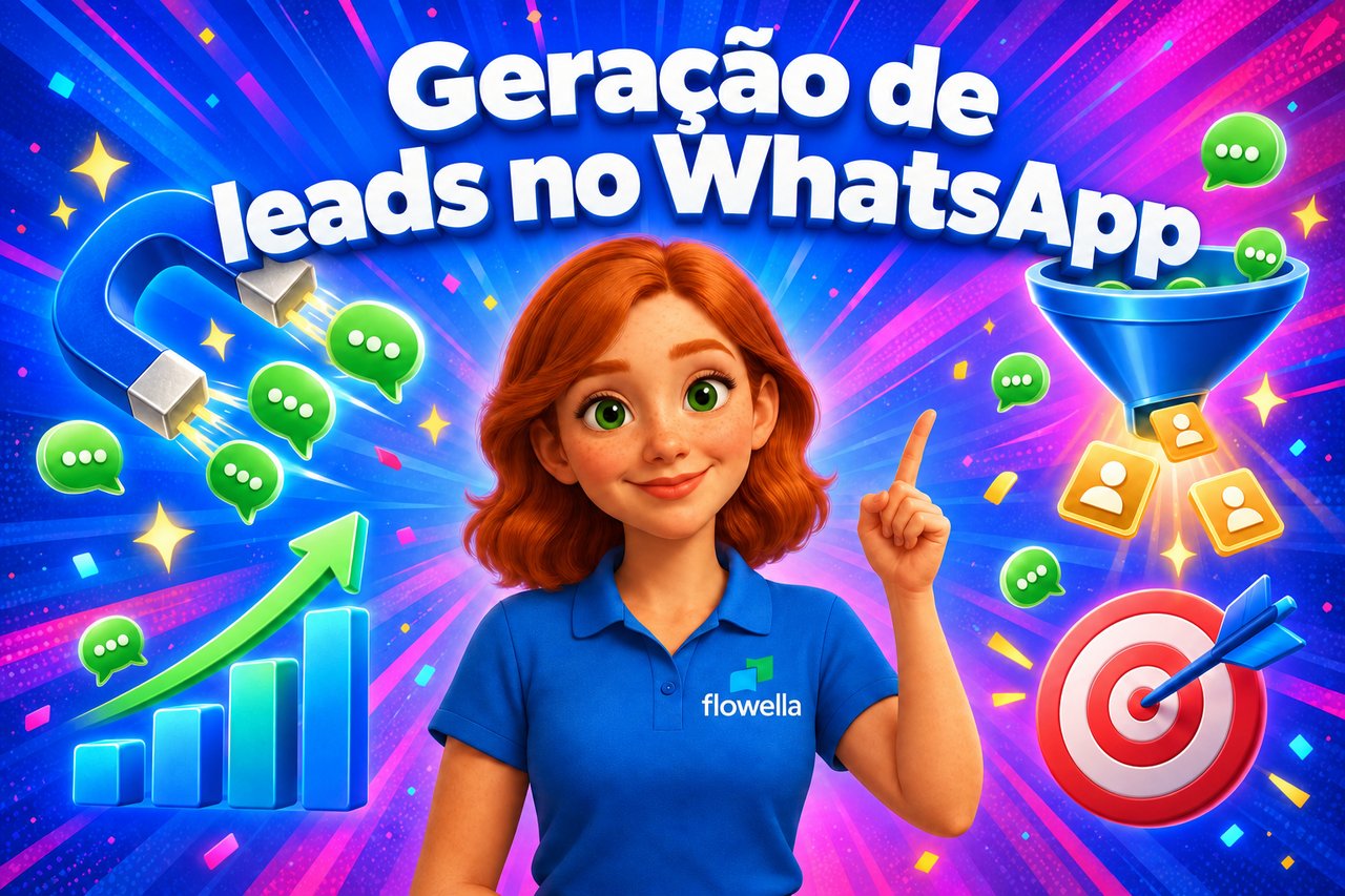 A Flo, da Flowella, a apontar para o título «Geração de leads no WhatsApp», rodeada por um íman, um funil e balões de conversa que se transformam em leads