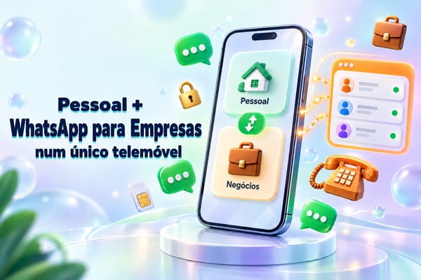WhatsApp pessoal e empresarial no mesmo telemóvel: um smartphone que alterna entre contas pessoais e empresariais, a par de uma caixa de entrada partilhada pela equipa