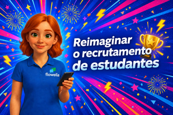 Flo, da Flowella, a segurar um telemóvel ao lado do título «Reimaginar o recrutamento de estudantes» e um troféu dourado, celebrando o WhatsApp no recrutamento para o ensino superior