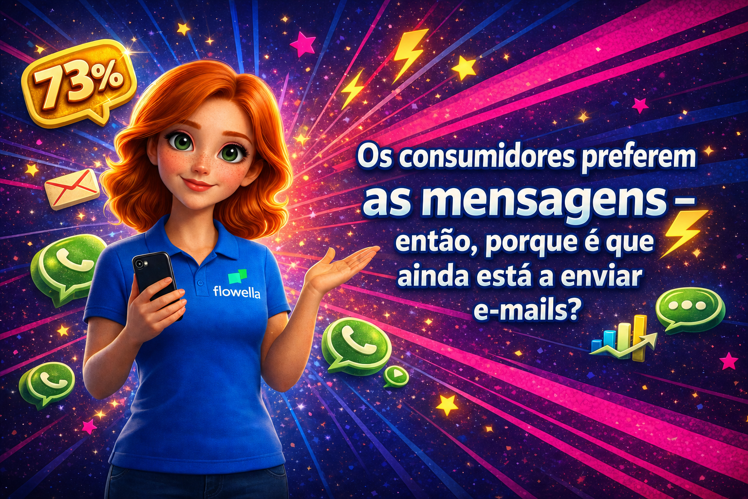 Flo, a mascote da Flowella, a segurar um smartphone e a apontar para o título «Os consumidores preferem mensagens, então porque é que ainda está a enviar e-mails?», com um balão de diálogo amarelo com 73%, ícones do WhatsApp e envelopes de e-mail a flutuar num fundo vibrante com um gradiente de azul a rosa