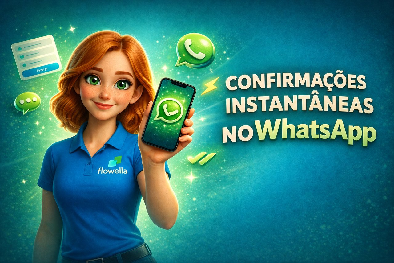 A Flo, da Flowella, segura um telemóvel no qual se vê uma confirmação instantânea do HubSpot enviada pelo WhatsApp após o envio de um formulário